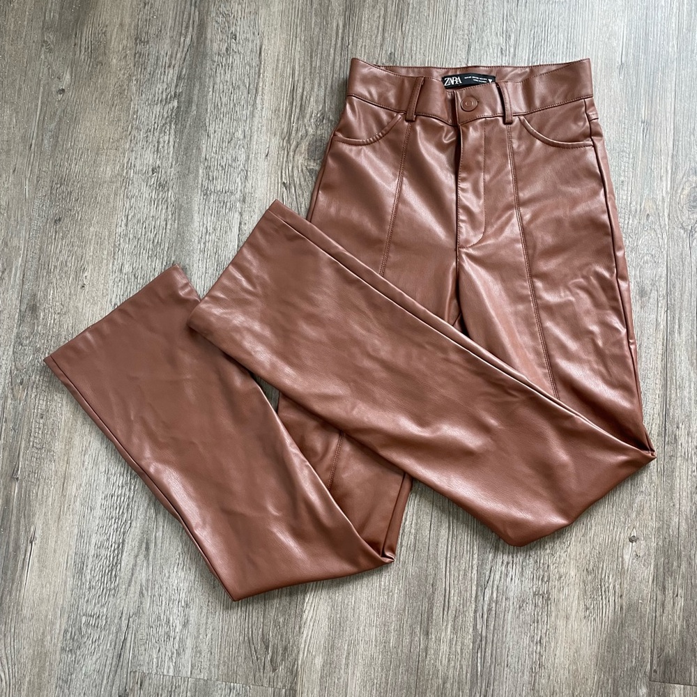 Zara Women’s XS Dark Brown Faux Leather High Waist Trousers Boot Cut Pants Zip